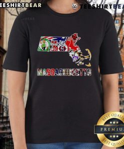 Top Massachusetts Sports Map Ladies Tee featuring vibrant design showcasing popular sports teams in Massachusetts.