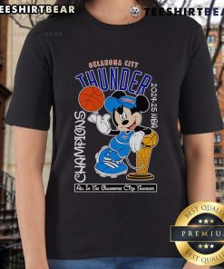 Top Mickey Mouse Oklahoma City Thunder 2024-25 NBA Champions ladies tee showcasing vibrant design and team spirit.