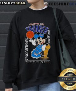 Top Mickey Mouse Oklahoma City Thunder 2024-25 NBA Champions sweatshirt featuring vibrant colors and iconic design.