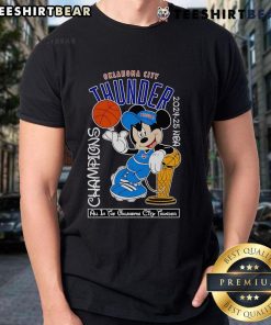 Alt Text: Top Mickey Mouse Oklahoma City Thunder 2024-25 NBA Champions T-Shirt featuring vibrant design and team logo.