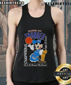 Top Mickey Mouse Oklahoma City Thunder 2024-25 NBA Champions Tank Top featuring colorful graphics and team logo.