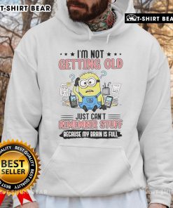 Alt Text: Funny hoodie with Minion graphic and 'I'm Not Getting Old, Just Can't Remember Stuff' slogan for casual wear.