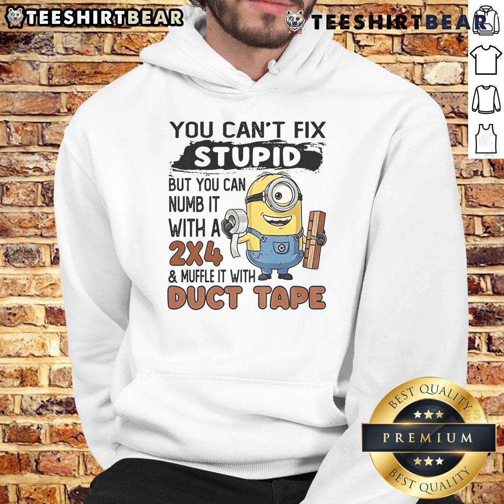 Top Minion You Can'T Fix Stupid But You Can Numb It With A 2×4 Hoodie Alt Text: Top Minion hoodie with the phrase 'You can't fix stupid, but you can numb it with a 24' in bold colors.