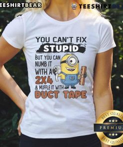 Funny ladies tee featuring 'You Can't Fix Stupid, But You Can Numb It With A 24' design and Minion graphic.