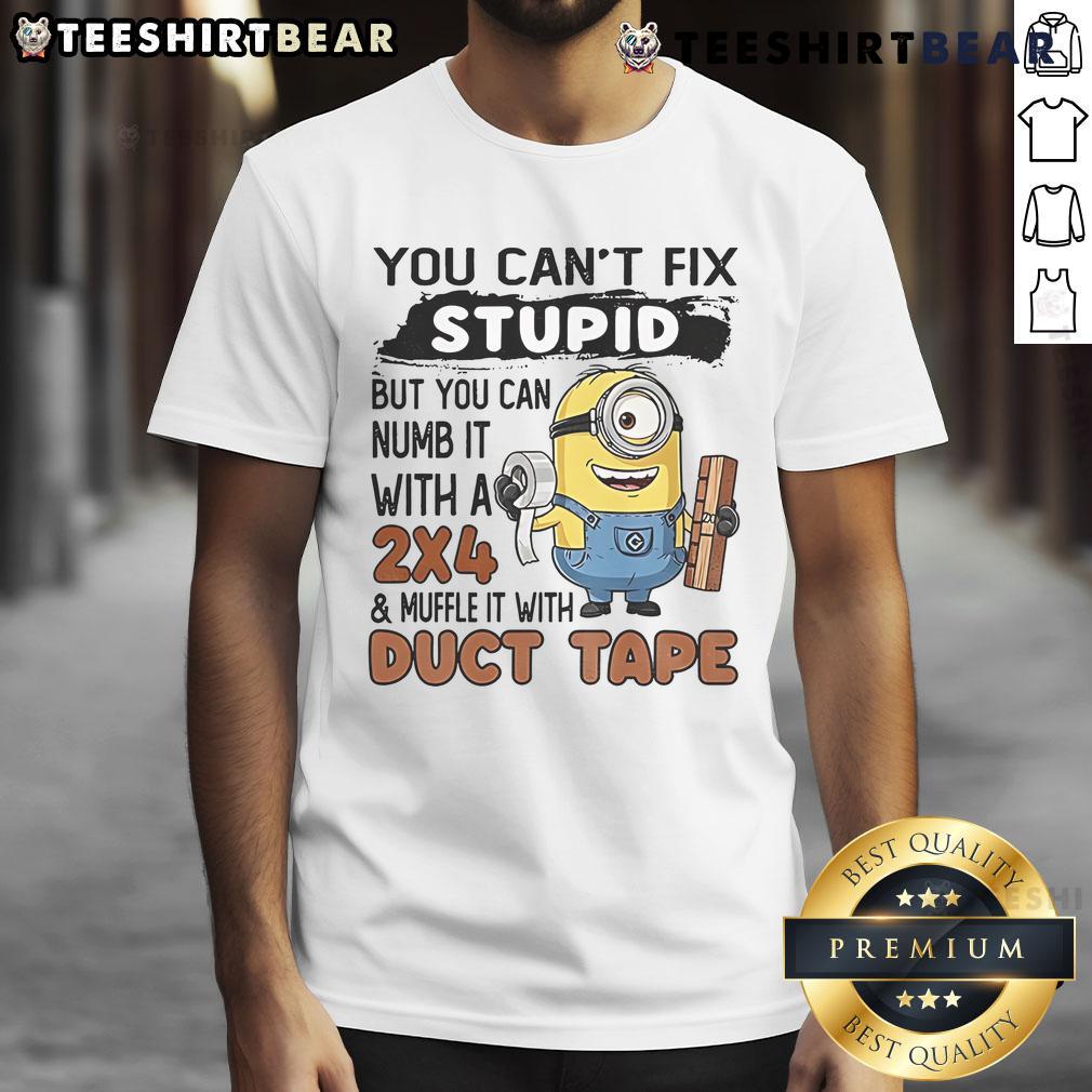 Top Minion You Can'T Fix Stupid But You Can Numb It With A 2×4 T Shirt Alt Text: Funny Top Minion T-Shirt with the phrase 'You Can't Fix Stupid But You Can Numb It With A 24' in vibrant colors.