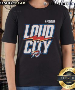 Top Navy Oklahoma City Thunder 2025 NBA Playoffs Loud City slogan ladies tee showcasing team spirit and style.