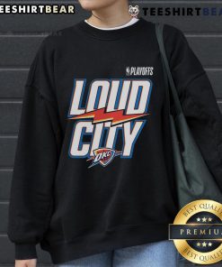 Top Navy Oklahoma City Thunder 2025 NBA Playoffs Loud City slogan sweatshirt featuring team logo and vibrant design.