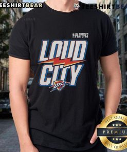 Alt Text: Top Navy Oklahoma City Thunder 2025 NBA Playoffs Loud City Slogan T-Shirt showcasing team spirit and style.