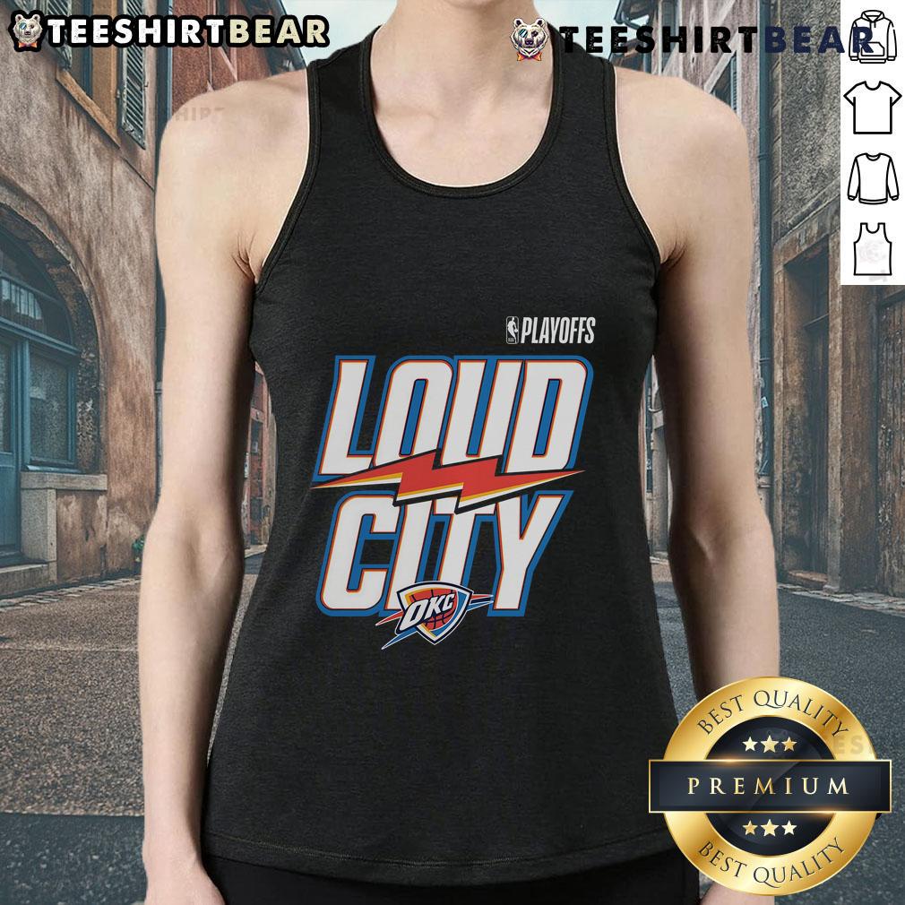 Top Navy Oklahoma City Thunder 2025 Nba Playoffs Loud City Slogan Tank Top Top Navy Oklahoma City Thunder 2025 NBA Playoffs tank top featuring the Loud City slogan, perfect for fans.