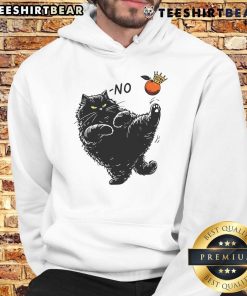 Alt Text: Black cat and orange king graphic on a hoodie, featuring Top No Kings In America slogan in bold lettering.