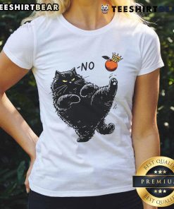 Alt Text: Top No Kings in America Black Cat Orange King Ladies Tee featuring a stylish design for cat lovers.