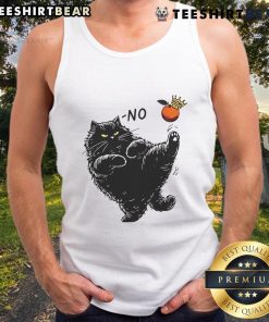 Alt Text: Black cat graphic on orange tank top reading 'No Kings in America' - stylish summer fashion for cat lovers.