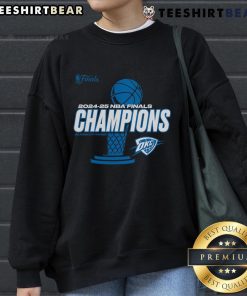 Alt Text: Oklahoma City Thunder 2025 NBA Finals Champions playoff sweatshirt featuring team colors and logo design.