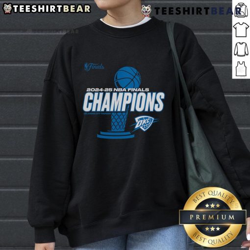 Alt Text: Oklahoma City Thunder 2025 NBA Finals Champions playoff sweatshirt featuring team colors and logo design.