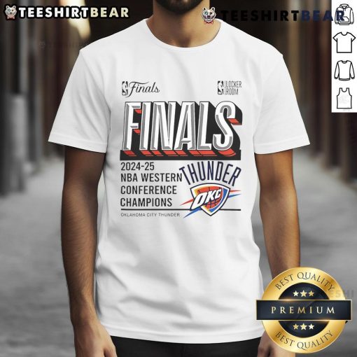 2025 Western Conference Champions Locker Room T-Shirt for Oklahoma City Thunder in steel color, stylish and commemorative.