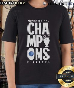 Top Paris Saint-Germain UCL Champions Munich 2025 Ladies Tee featuring vibrant team colors and stylish design.