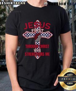 Portland Trail Blazers 'Jesus First Through Christ Who Strengthens Me' T-Shirt design with bold team colors and inspirational message.