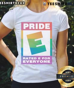 Top Pride Rated E for Everyone logo on a stylish ladies tee, celebrating inclusivity and gaming culture.
