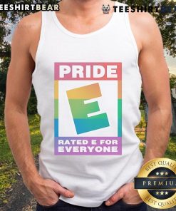 Top Pride Rated E for Everyone logo tank top featuring vibrant colors and inclusive design for all ages and identities.