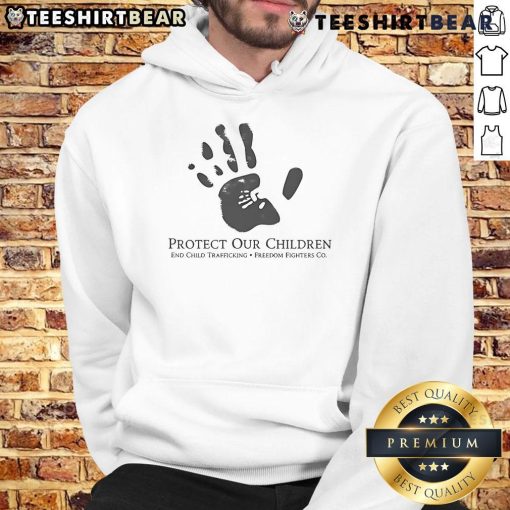 Top Protect Our Children End Child Trafficking Hoodie in black, featuring bold white text promoting awareness and advocacy.