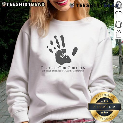Top Protect Our Children sweatshirt promoting awareness to end child trafficking with bold graphics and message.