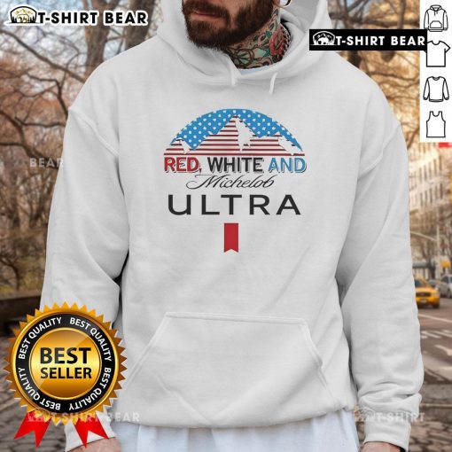 Top red and white Michelob Ultra hoodie displayed on a mannequin, perfect for casual wear and sports fans.
