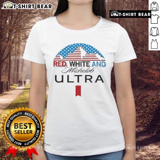 Top red and white Michelob Ultra ladies tee, featuring a stylish design perfect for casual outings and sports events.