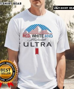Alt Text: Stylish red and white Michelob Ultra T-shirt displayed on a hanger, perfect for casual outings or beer lovers.