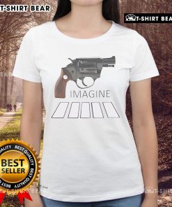 Top Revolver Imagine Gun Abbey Road crosswalk design on a stylish ladies tee, perfect for music and fashion lovers.