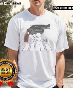 Top Revolver Imagine Gun Abbey Road Crosswalk T-Shirt featuring iconic Beatles imagery and artistic design.