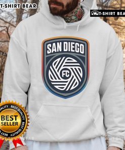 Top San Diego FC crest logo hoodie in navy blue showcasing vibrant team colors and stylish design for fans.