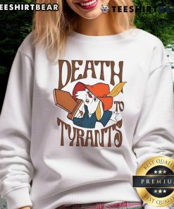 Top Skippy Rabbit Death to Tyrants sweatshirt featuring a bold design and vibrant colors for stylish activism.
