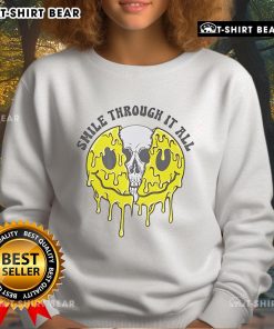 Cozy Top Skull Smile Through It All Sweatshirt featuring a unique skull graphic, perfect for casual wear and self-expression.