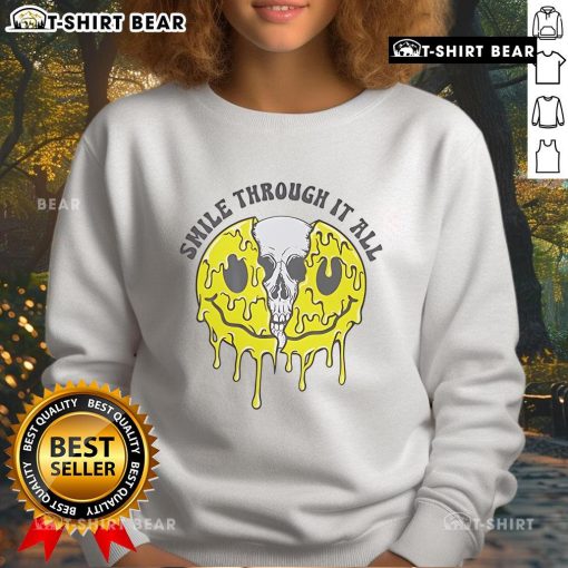 Cozy Top Skull Smile Through It All Sweatshirt featuring a unique skull graphic, perfect for casual wear and self-expression.