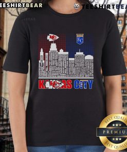 Alt Text: Kansas City Chiefs and Royals ladies tee showcasing top skyline design for fans of both teams.