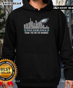 Top skyline view of Philadelphia with Eagles 'Thank You For The Memories' hoodie displayed prominently.