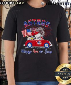Snoopy and Woodstock celebrate the 4th of July on a ladies tee, perfect for festive summer outings.