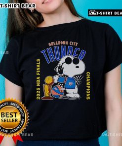 2025 NBA Finals Champions tee featuring Snoopy and Oklahoma City Thunder logo, perfect for ladies' fan apparel.