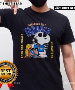 Top Snoopy Oklahoma City Thunder 2025 NBA Finals Champions T-Shirt featuring vibrant graphics and team colors.
