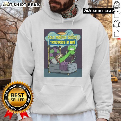 Top SpongeBob SquarePants hoodie featuring 'Your Mother Sucks Tentacles in Hell' design, perfect for fans.