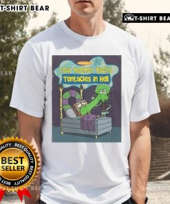 Alt Text: Top Spongebob Squarepants T-Shirt featuring 'Your Mother Sucks Tentacles In Hell' design for fans of quirky humor.