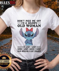Grumpy Old Woman Ladies Tee with 'Don't Piss Me Off' top-stitch design, perfect for humorous and sassy womens apparel.