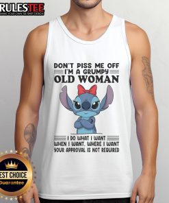 Grumpy old woman tank top featuring 'Don't Piss Me Off' text, perfect for sassy and humorous fashion lovers.