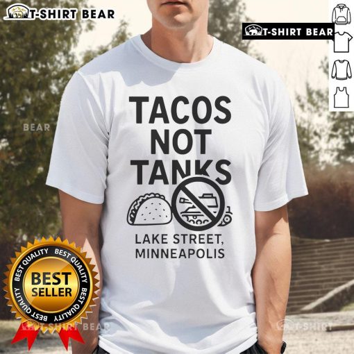 Top Tacos Not Tanks Lake Street Minneapolis T-Shirt featuring a vibrant design celebrating local cuisine and community spirit.