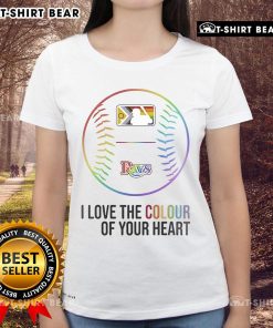 Top Tampa Bay Rays baseball I Love The Colour Of Your Heart Pride Month 2025 ladies tee in vibrant rainbow colors.