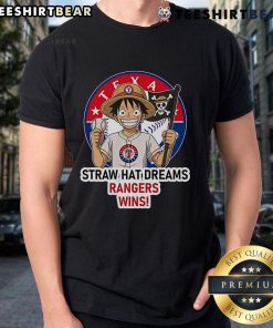 Top Texas Rangers Monkey D. Luffy Straw Hat Dreams Wins T-Shirt featuring vibrant design and baseball elements.
