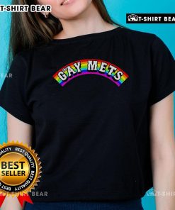 Top The Gay Mets Rainbow Pride Month Ladies Tee featuring vibrant rainbow colors and a stylish design for pride celebrations.
