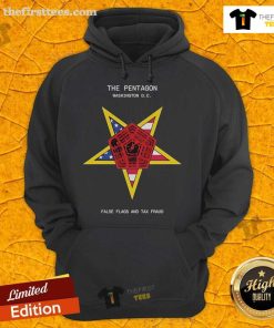 Top view of The Pentagon hoodie featuring 'False Flags and Tax Fraud' design, perfect for unique streetwear in Washington, DC.