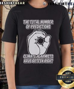 Top predictions by climate alarmists on a ladies tee, showcasing stats and graphics about climate change accuracy.