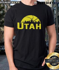 Stylish 2025 Utah Jazz cityscape skyline t-shirt design showcasing vibrant colors and team spirit for fans.